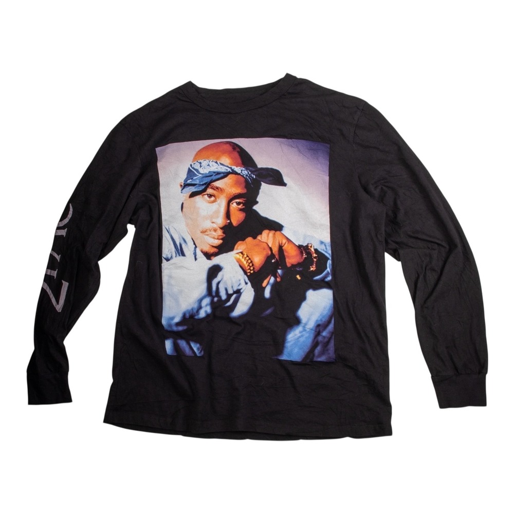 Men's Tupac Shakur T-Shirt Size Large Black Long  Sleeve Crew Neck Cotton